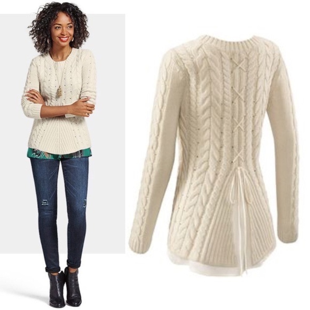 CAbi lace up off white sweater size L EUC